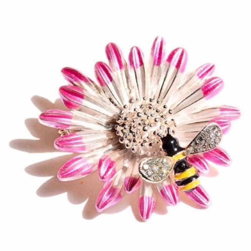 Pink and  Flower and Bee Brooch